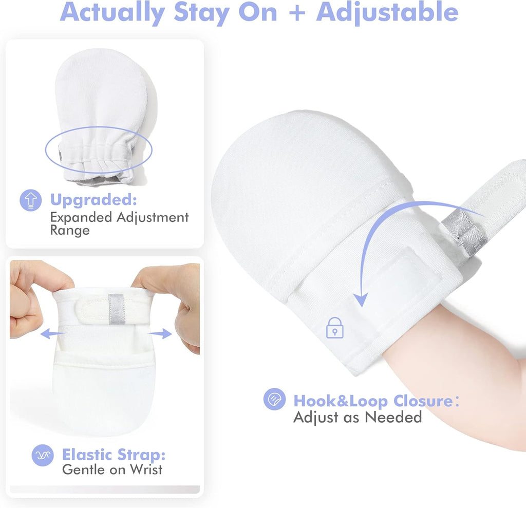 HAPIU Baby No Scratch Mittens Stay On, 100% Cotton Breathable, Adjustable Infant Gloves for Boys Girls, Newborn - 12 M