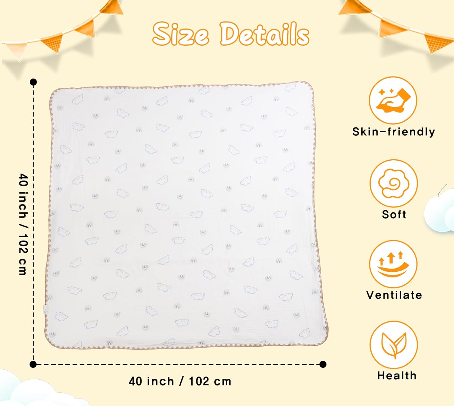 Baby Blanket Double Layer Cotton 40 x 40 Soft Receiving Blanket with Pattern Machine Washable Cloud