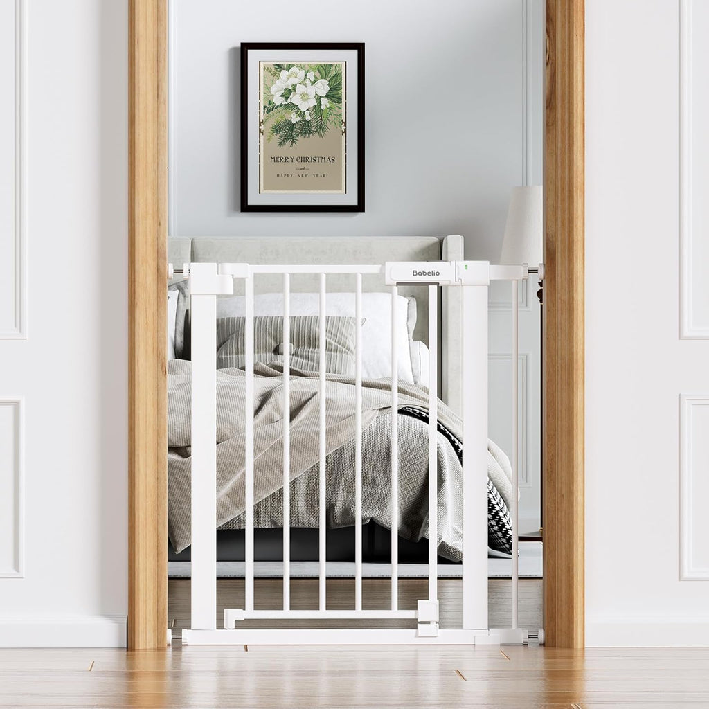 BABELIO Baby Gate for Doorways and Stairs, 31-36" Pet Gate with Wide Walk Thru Door and Lock Indicator, No Drill Pressure Mounted Safety Gate with Double Lock and Self-Closing, White