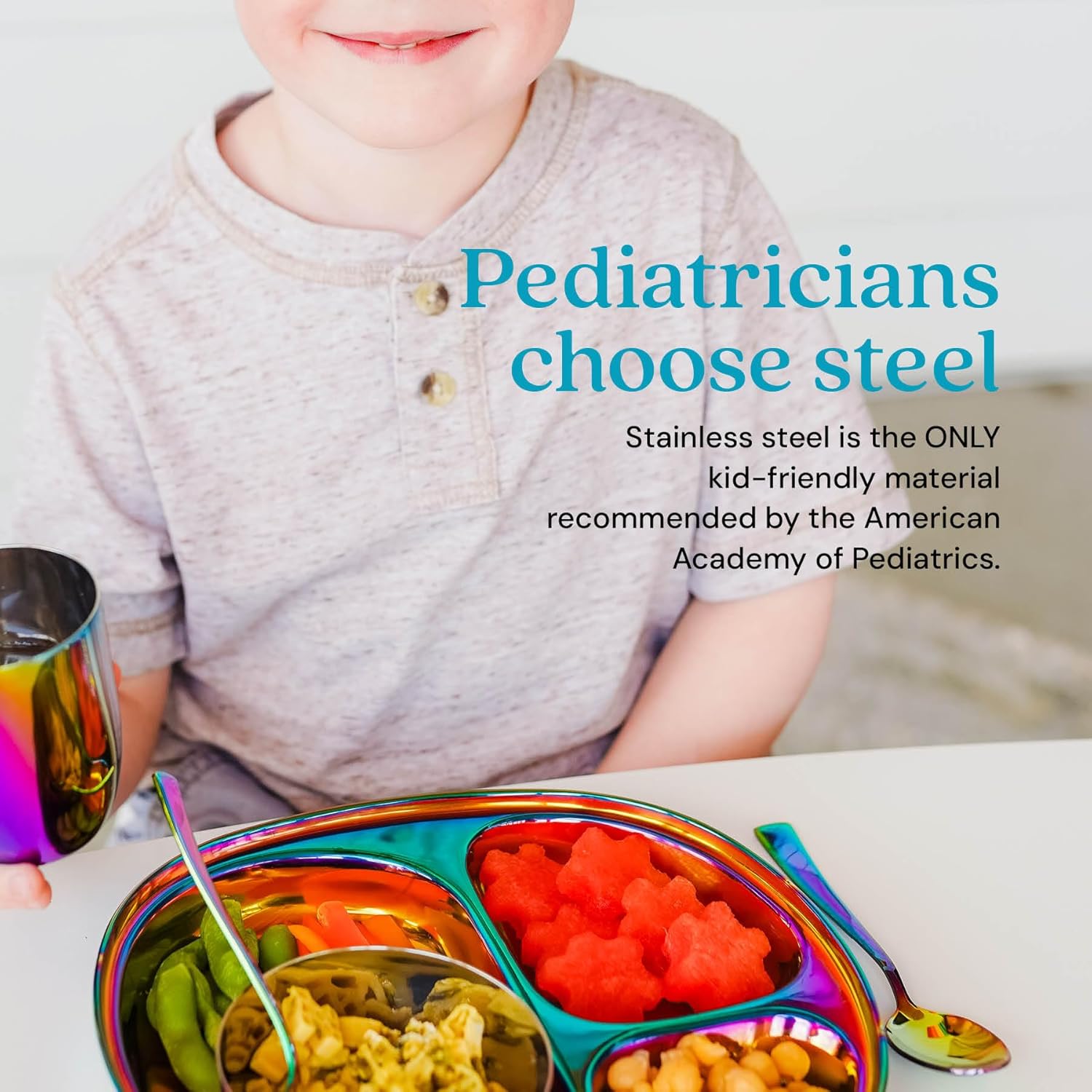 Ahimsa Stainless Steel Kids Plates - Divided Toddler Plates, Pediatrician Designed, Non Toxic Toddler Plate, BPA Free & Dishwasher Safe (Rainbow Single)