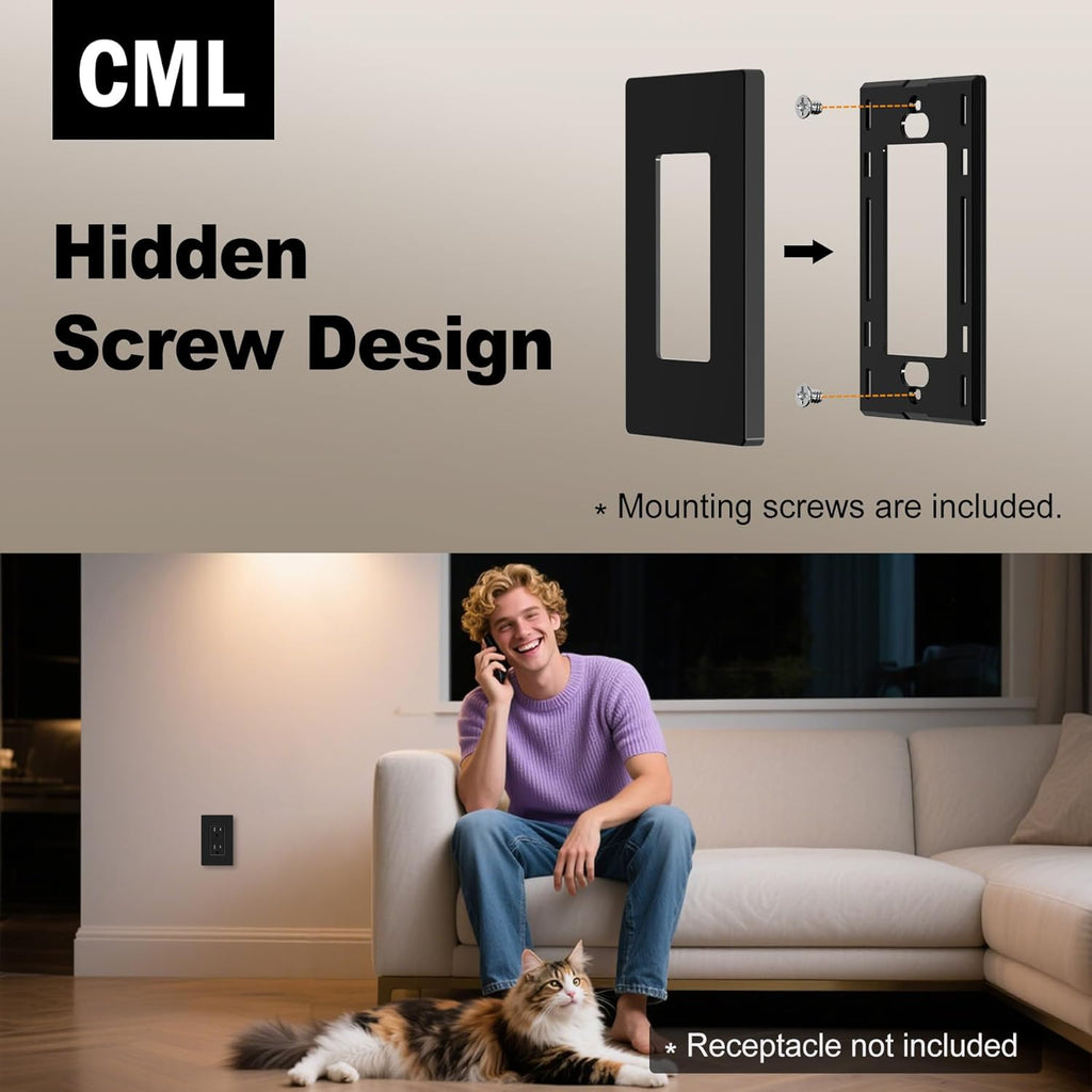 CML Black Decorator Screwless Wall Plate, 8 Pack Receptacle Outlet Cover, 1-Gang Hidden Screw Smooth Face Switch Plates, Standard Size 2.91”x4.68”, UL Listed