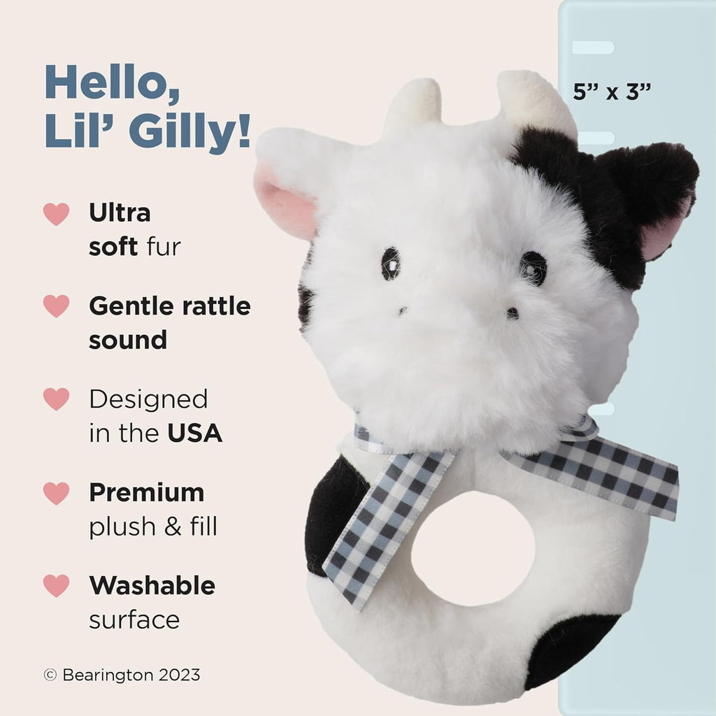 Bearington Collection Lil' Gilly 5.5 in Cow Baby Rattle - Baby - Plush Rattles Gift for Newborn