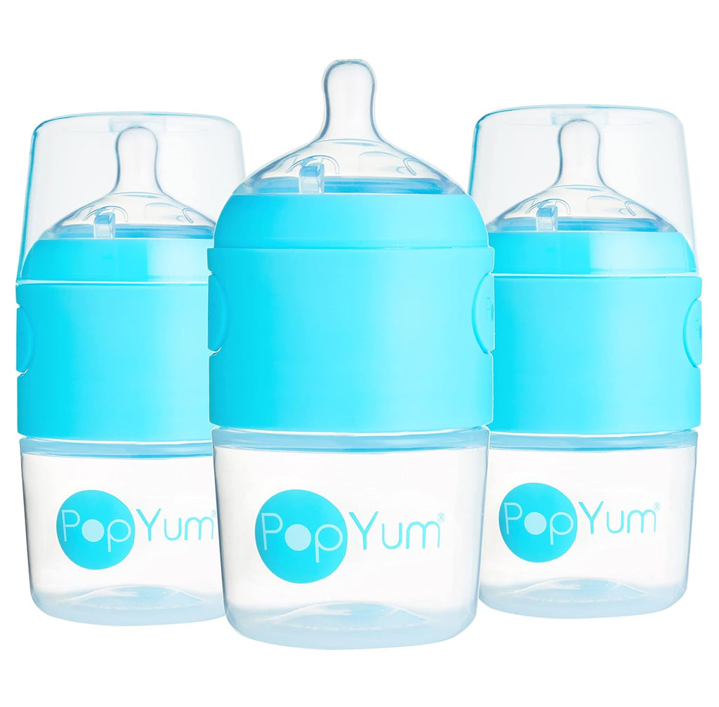 PopYum 5 oz Blue Anti-Colic Formula Making/Mixing/Dispenser Baby Bottles, 3-Pack with #1 Slow Flow Nipples, 150 ml, BPA-Free, Natural Latch