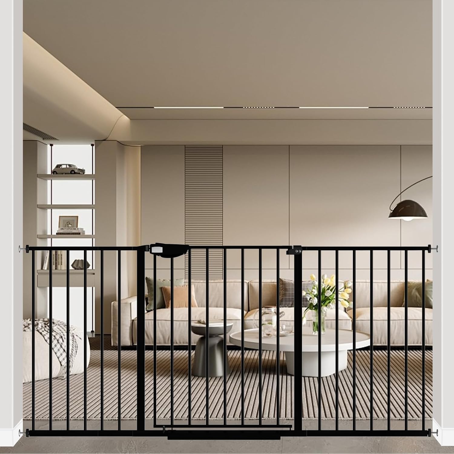 WAOWAO Triple Lock 49.21-66.54" Baby Gate Extra Wide Pressure Mounted Walk Through Swing Auto Close Safety Black Metal Dog Pet Puppy for Stairs,Doorways,Kitchen