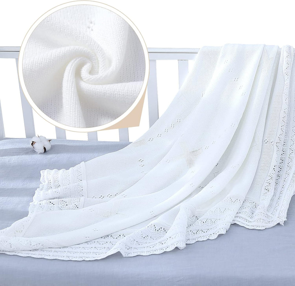 Booulfi Baby Blanket White Receiving Blanket Baptism Christening Towel for Newborn Girls Boys, White Cotton Knit Thermal Baby Blanket Shawl with Cross Pattern, 47”x47”