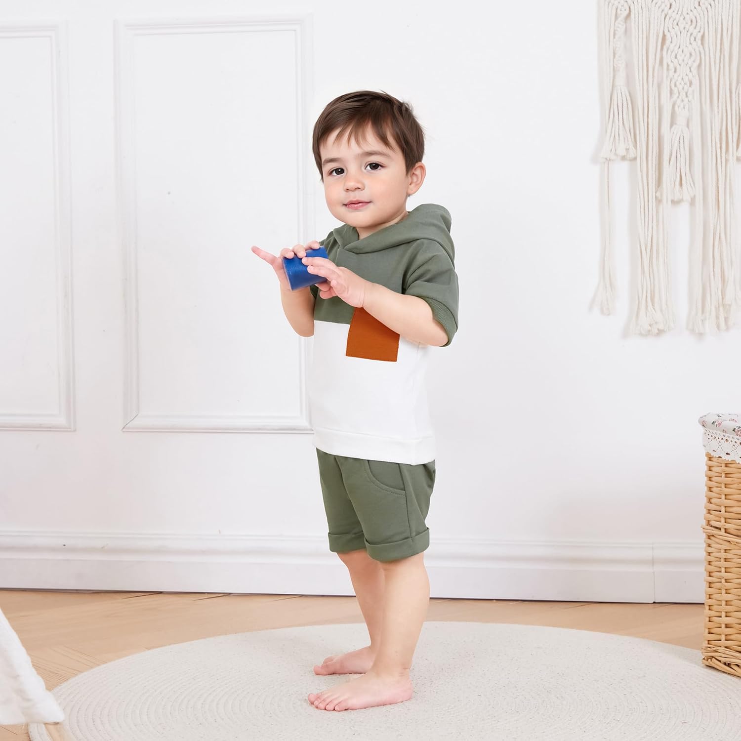 Toddler Baby Boy Summer Hooded Outfit Contrast Color Short Sleeve T Shirt Top Elastic Shorts Summer Clothes Set