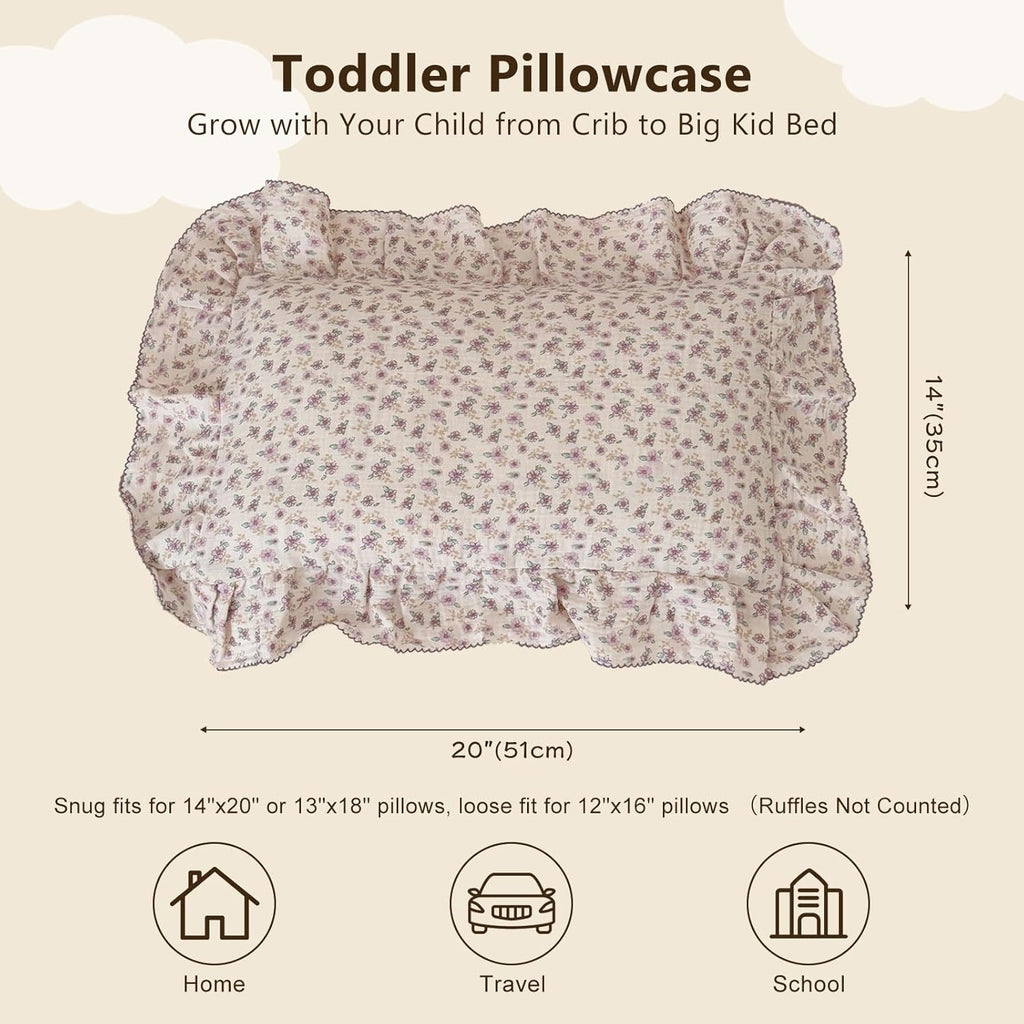 BuLuTu Purple Floral Muslin Cotton Toddler Pillowcases with Ruffles, 1 pc, 14"x20", Oeko-TEX Certified Gauze Muslin Pillow Cover for Girls Boys Crib Size Pillow Cases for All Seasons