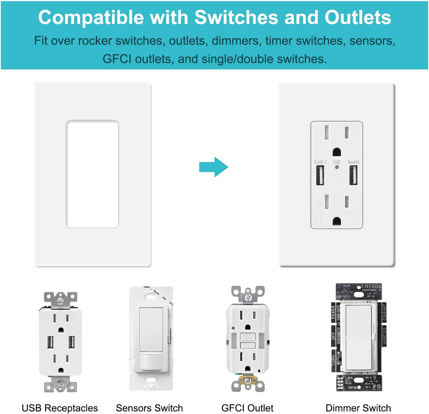 20 Pack 1-Gang Screwless Wall Plate, Decora Outlet Cover Plates, 4.57” H x 2.76” L, for Light Switch, Dimmer, GFCI, USB Outlet