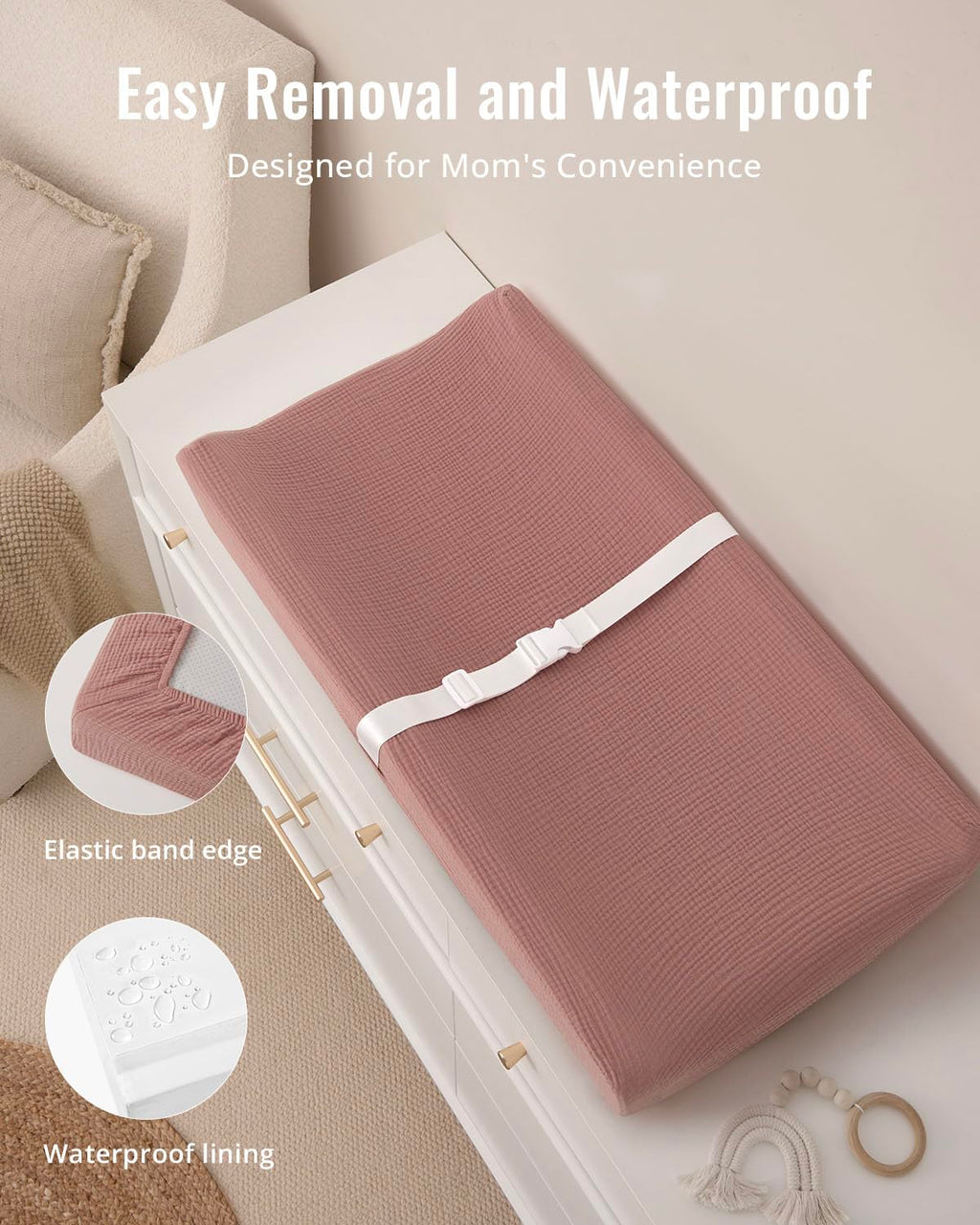 Blissful Diary Muslin Baby Changing Pad with Waterproof Lining Foam, Diaper Changing Table Pad with Cover for Dressers (Dusty Pink, Rectangular)