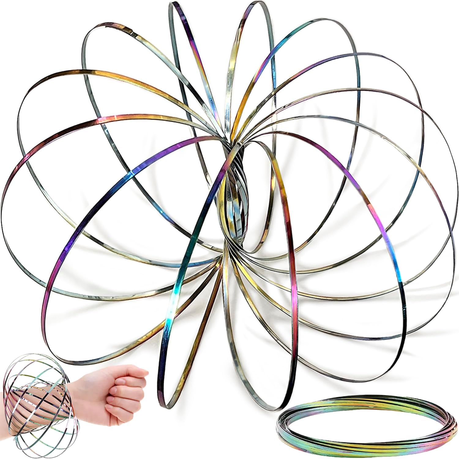 Jishi Flow Ring Magic Bracelet Fidget Arm Spinner Toy - Stainless Steel Metal Spiral Spinning Rings - Rainbow Iridescent