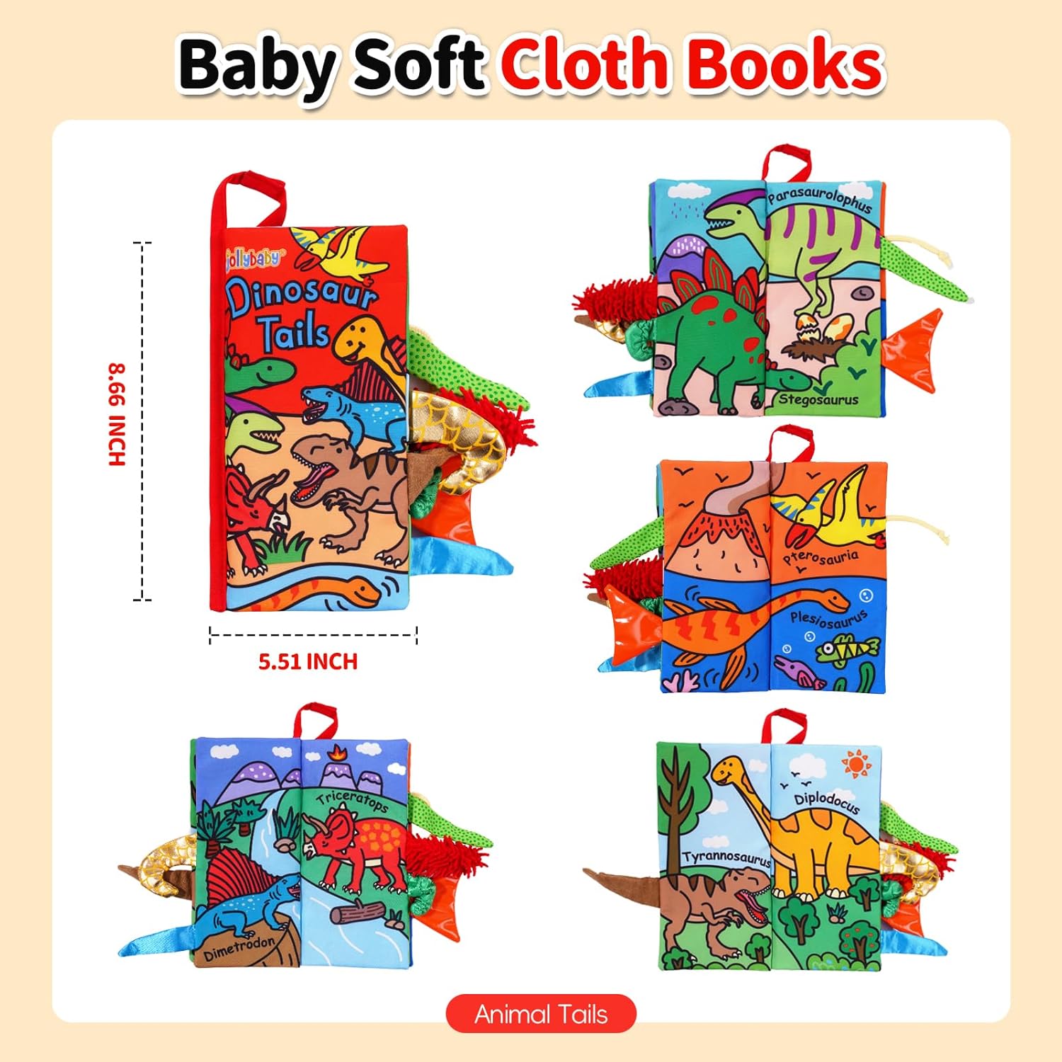 Jollybaby Baby Books 0-6 Months, Touch and Feel Crinkle Soft Cloth Books for Infants Babies, Toddler Early Educational Interactive Stroller Sensory Toys, Baby Girl & Boy Gift(Dinosaur Tails)