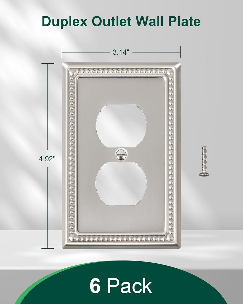 6-Pack Duplex Outlet Cover Plate, Metal Wall Plates for Electrical Outlets, Brushed Nickel 1 Gang Receptacle Cover, Pearls Decorative Switch Plates and Outlet Covers
