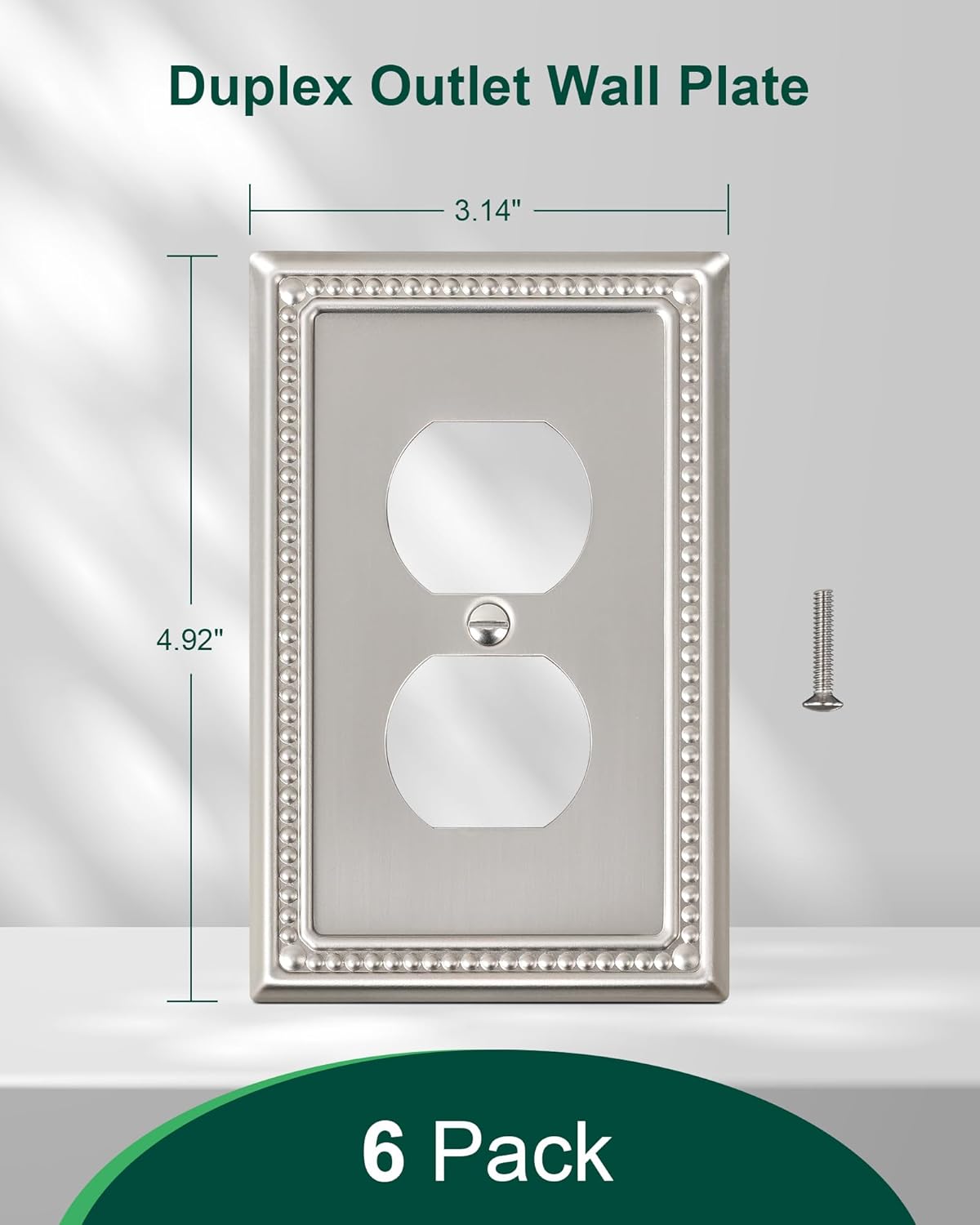 6-Pack Duplex Outlet Cover Plate, Metal Wall Plates for Electrical Outlets, Brushed Nickel 1 Gang Receptacle Cover, Pearls Decorative Switch Plates and Outlet Covers