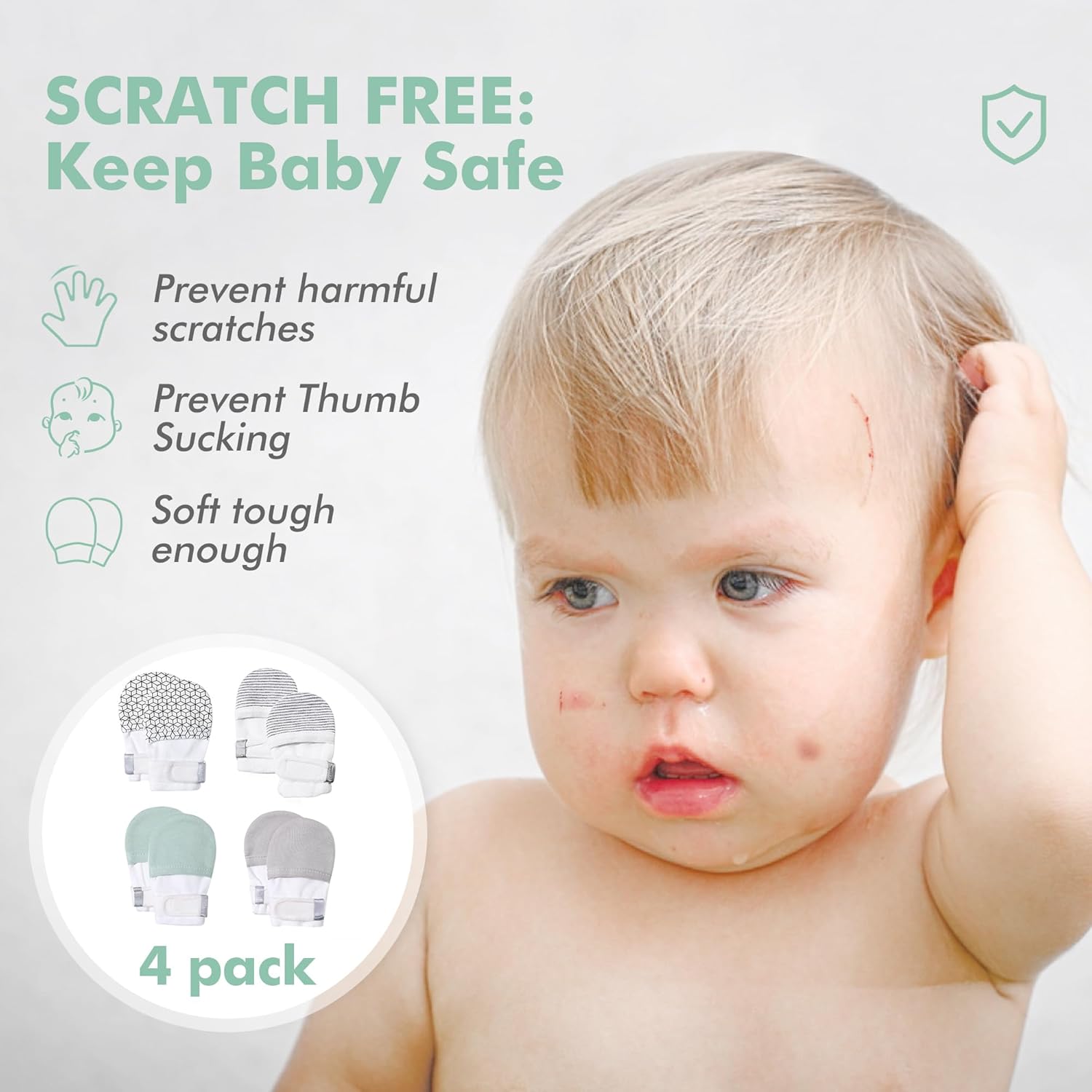 HAPIU Baby No Scratch Mittens Stay On, 100% Cotton Breathable, Adjustable Infant Gloves for Boys Girls, Newborn - 12 M