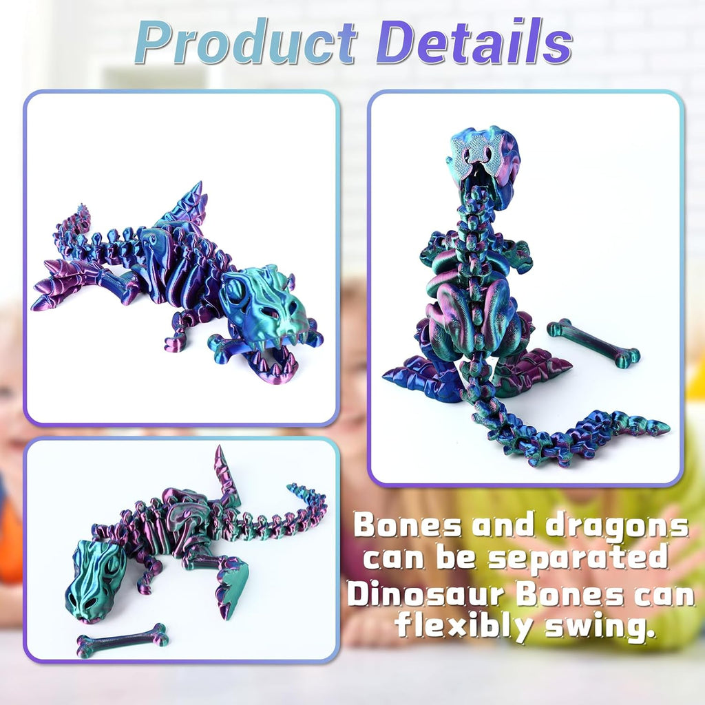 3D Printed Dinosaur Bone Skeleton Tyrannosaurus Rex with Movable Jaw Fidget Dinosaur Toys Full Articulated Dinosaur Executive Desk Toys Home Office Decor, Purple Mix Green-2
