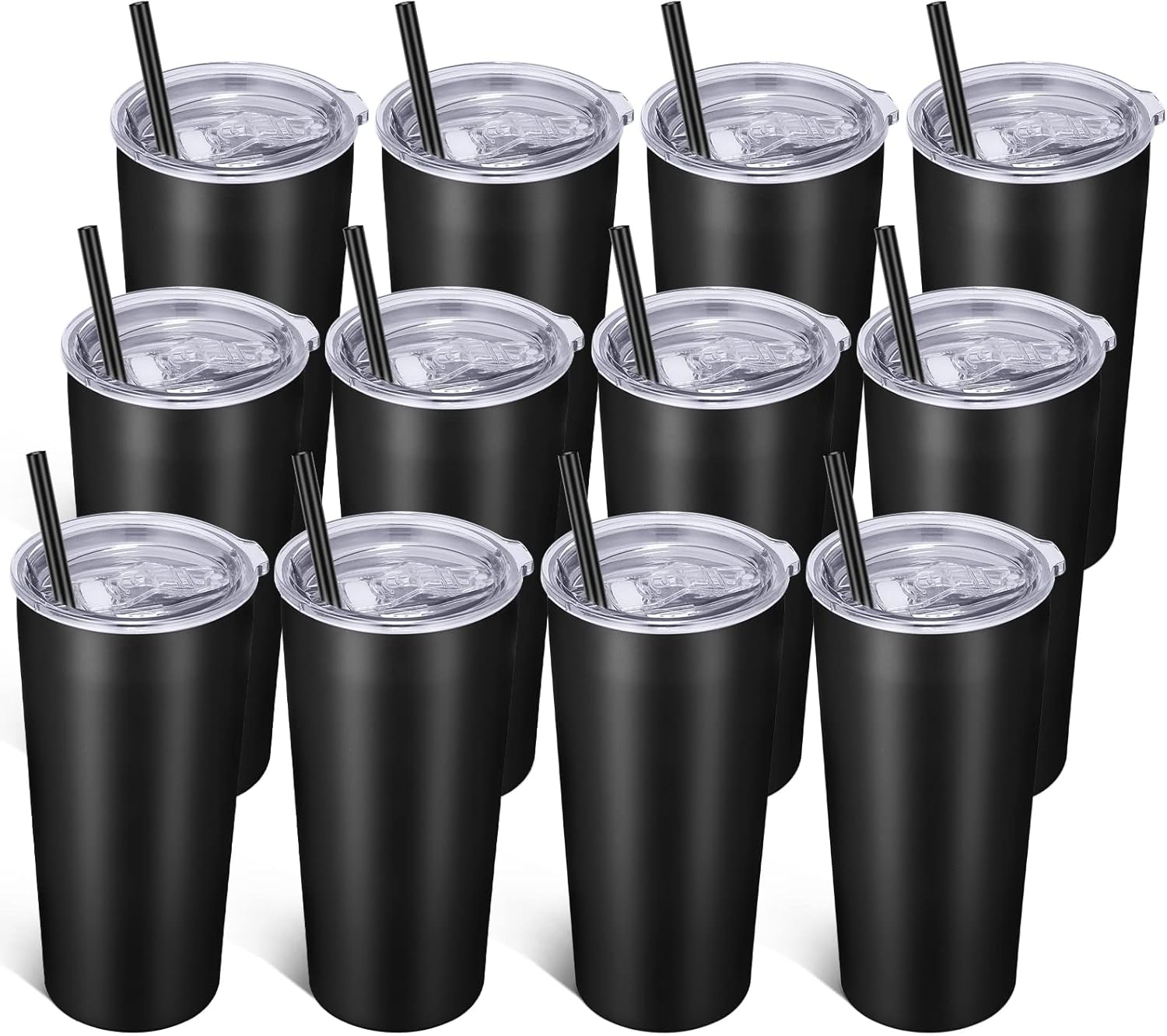 VEGOND 20oz Tumbler Bulk with Lid and Straw 12 Pack, Stainless Steel Vacuum Insulated Tumbler, Double Wall Coffee Cup Travel Mug, Black