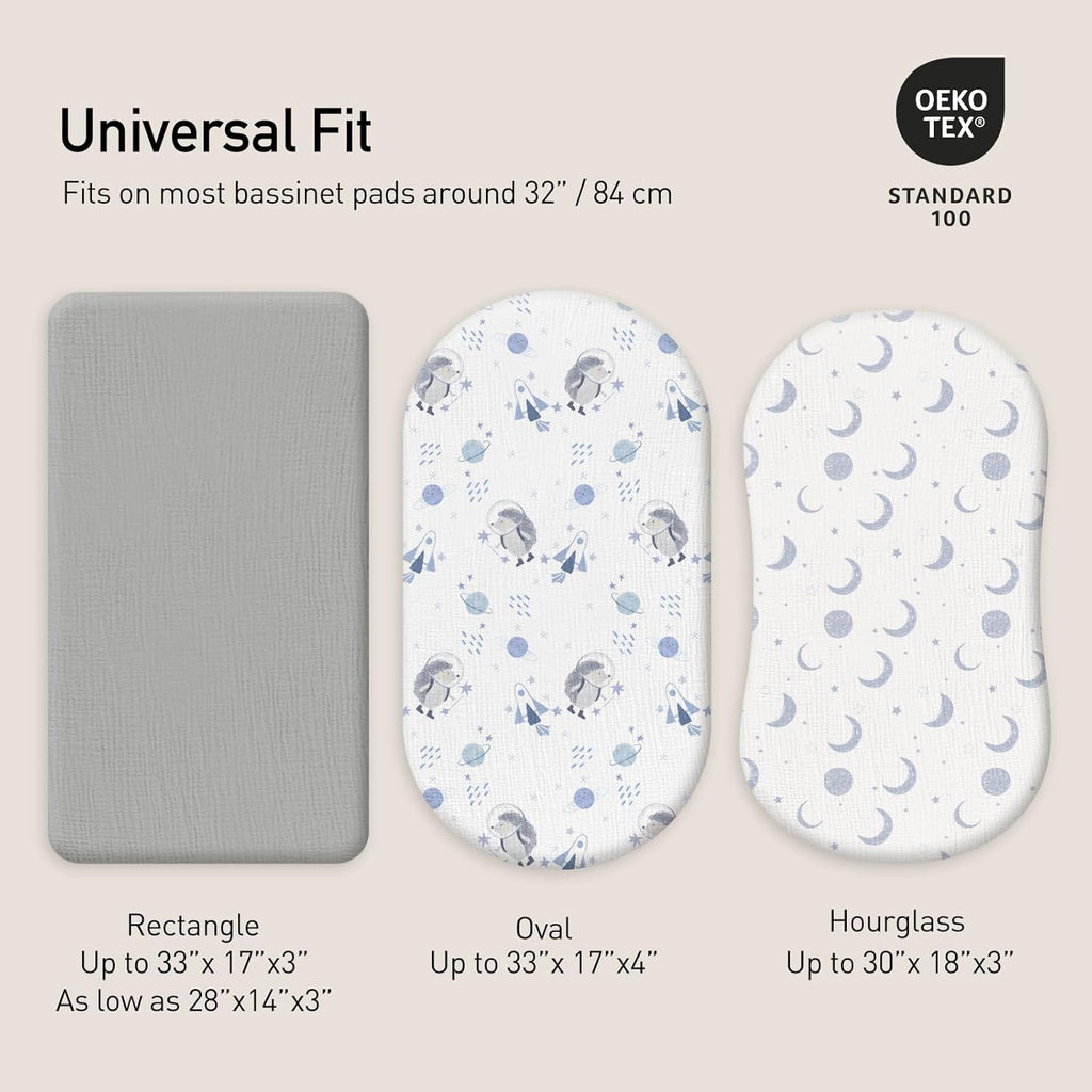 Gllquen Baby Muslin Bassinet Sheets 3 Pack, Breathable Elastic Cozy Fitted Cotton Bassinet Mattress Sheet for Baby Boy Girls, Fit for Hourglass Oval Rectangular Cradle Pad Sheets 33"x17" (Space)