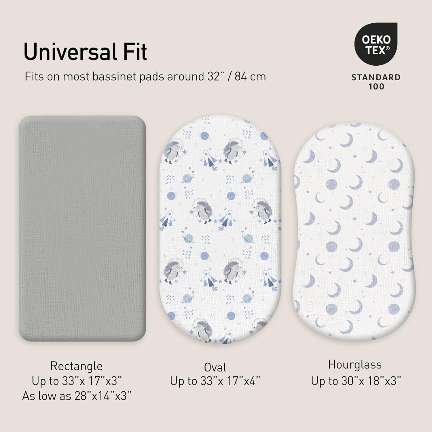 Gllquen Baby Muslin Bassinet Sheets 3 Pack, Breathable Elastic Cozy Fitted Cotton Bassinet Mattress Sheet for Baby Boy Girls, Fit for Hourglass Oval Rectangular Cradle Pad Sheets 33"x17" (Space)