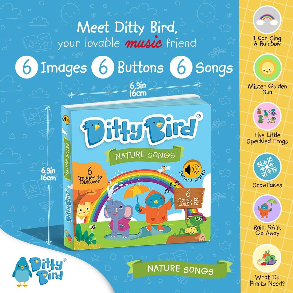 Ditty Bird Musical Books for Toddlers | Fun Children's Nursery Rhyme Book | Rain, Rain, Go Away Book with Sound | Interactive Toddler Books for 1 Year Old to 3 Year Olds | Sturdy Baby Sound Books