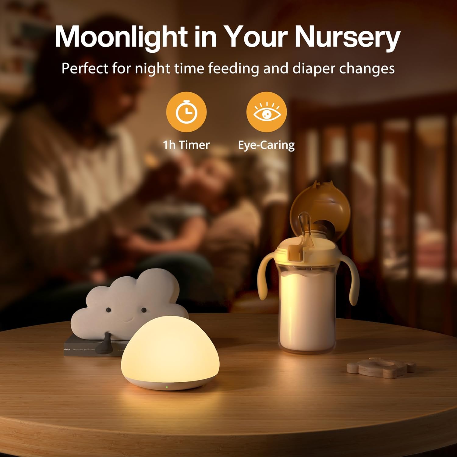 JolyWell Baby Night Light for Nursery, Soft Silicone Tap Control Night Lamp with 8 Color Changing, Stepless Dimming, Rechargeable Portable Night Light for Kids, 1H-Timer, Warm Light for Breastfeeding