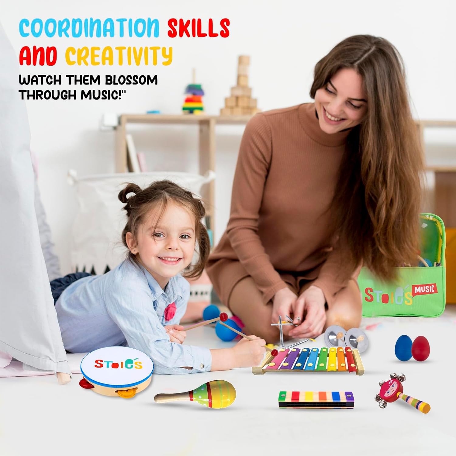 Stoie's Wooden Kids Musical Instruments for 1-5 Years Old, Baby Percussion Toys with Xylophone, Maracas, Tambourine, Durable, Safe to Play, Clear Loud Sound, Bright Rainbow Colors, Storage Backpack