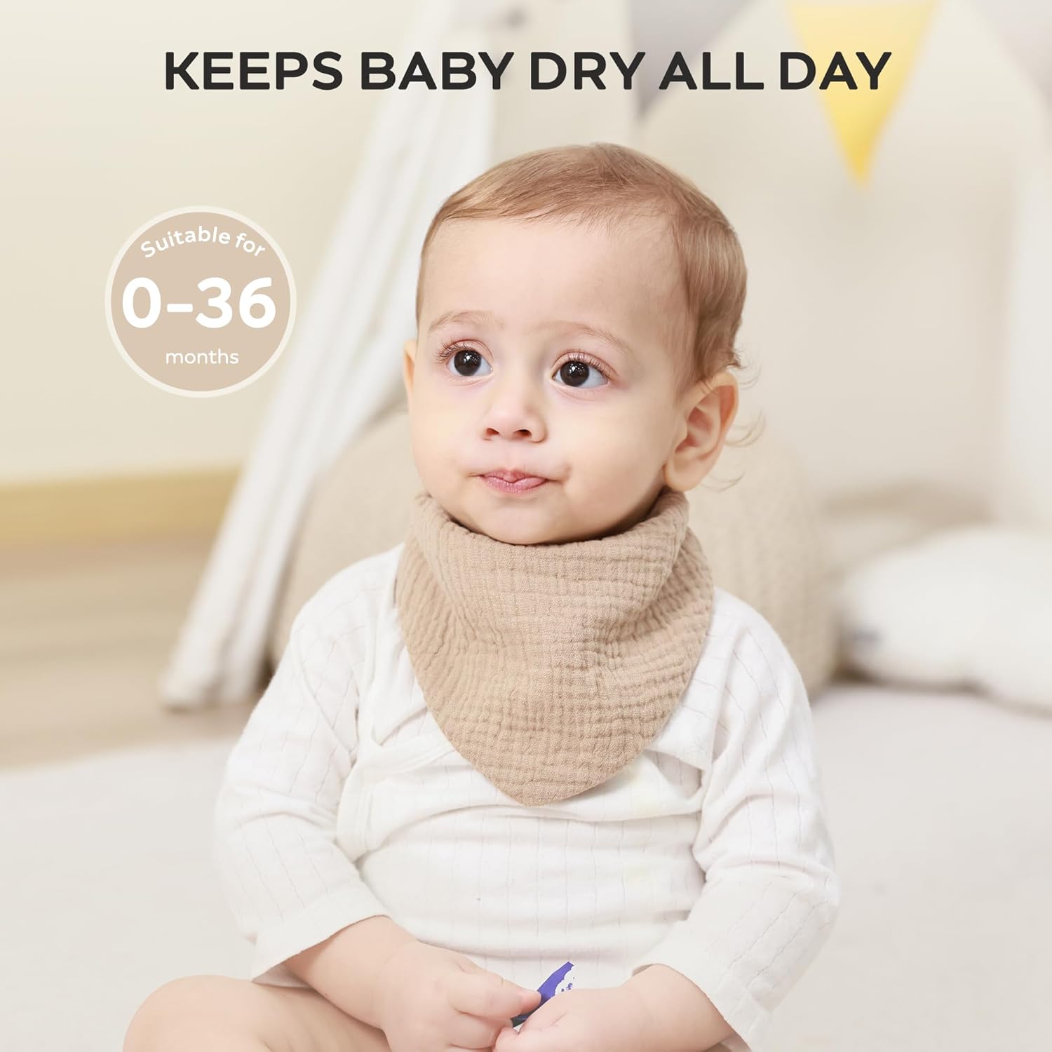 JELLYMONI 10 Pack Muslin Drool Bibs for Babies - Soft Adjustable Bandana Bib with Snaps, Absorbent Unisex Teething Bib for Newborn Girls & Boys