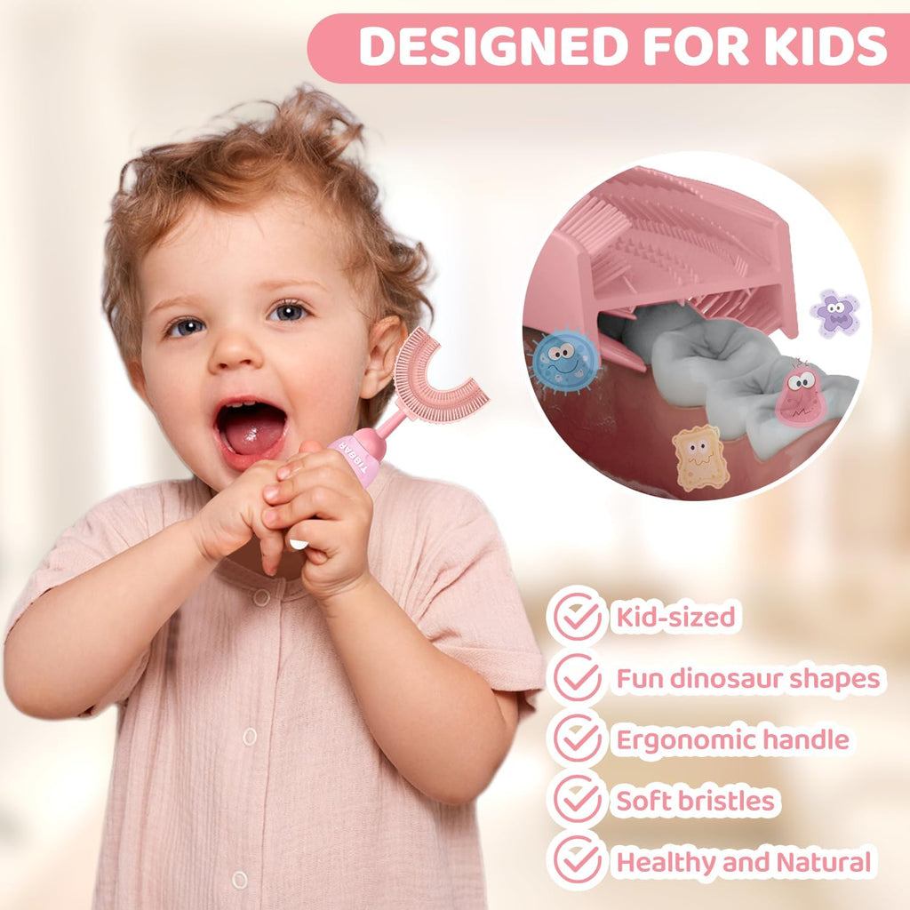 U-Shaped Toothbrush for Kids Ages 2-7，Soft Food-Grade Silicone for Sensitive Gums，360° Teeth Cleaning Design，Training & Travel-Friendly Toddler's Toothbrush (Pink)