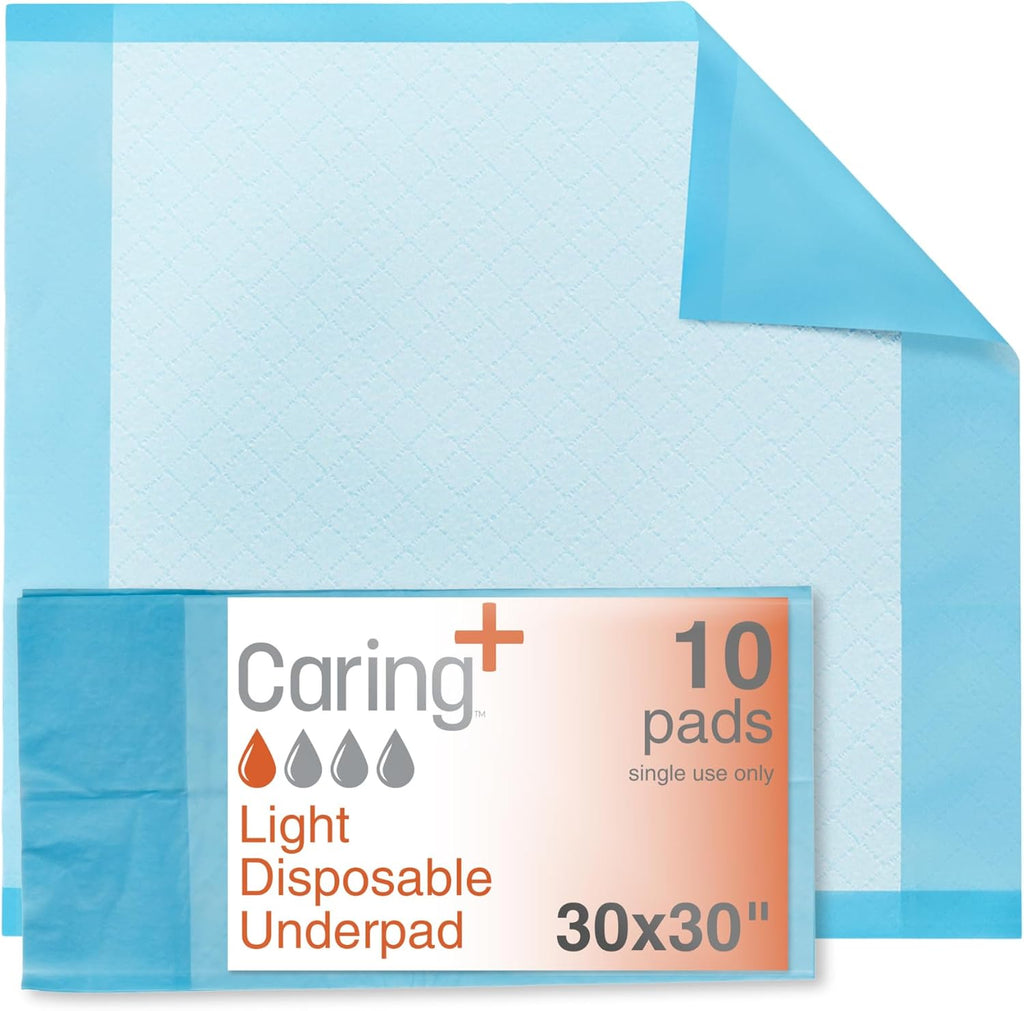 Caring Disposable Underpads, Baby Changing Liner Pads, Light Absorbency, 30 x 30 in, 10-Pack