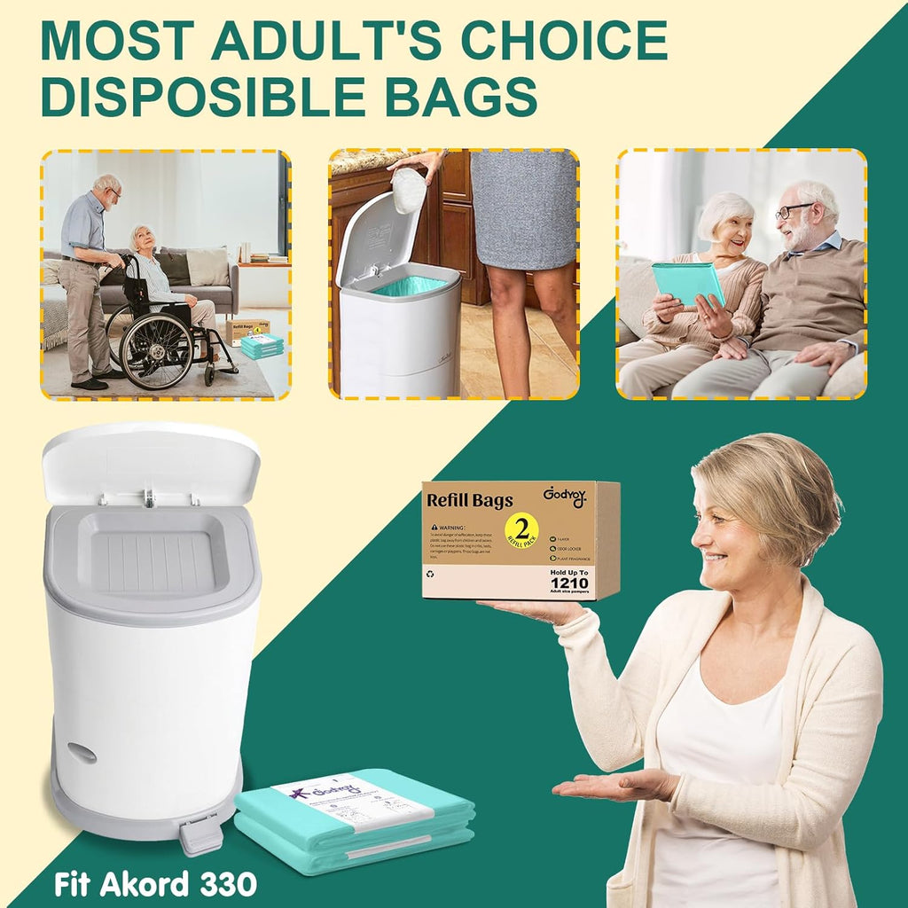 Adult Diaper Liner Refills Compatible with Janibell Akord 330 Slim 2 Pack for 1210 Diapers(Extra 10% Length&30% Thickness) Incontinence Disposal System Plant Scent to Eliminate Waste/Odor Resistant