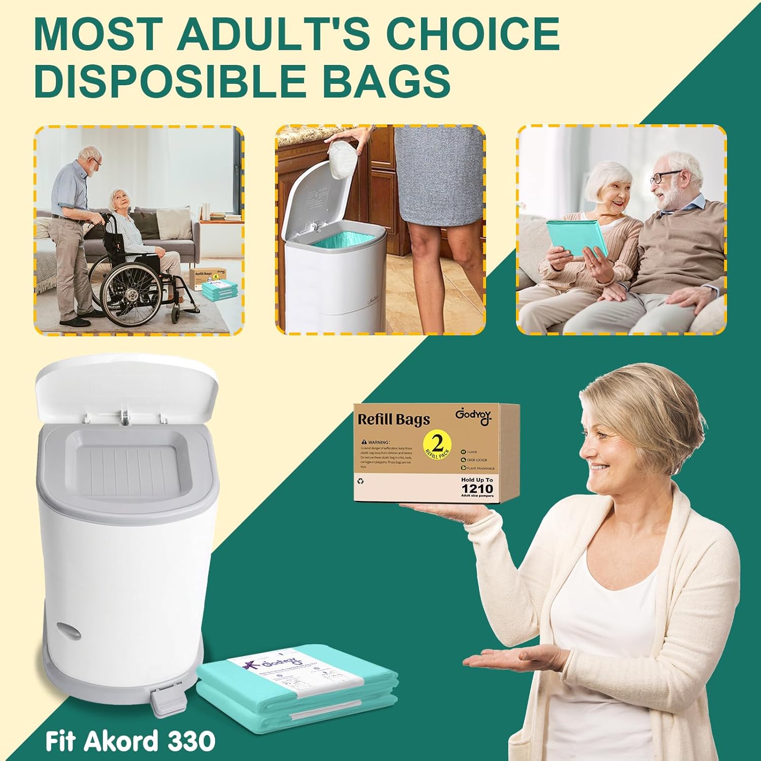 Adult Diaper Liner Refills Compatible with Janibell Akord 330 Slim 2 Pack for 1210 Diapers(Extra 10% Length&30% Thickness) Incontinence Disposal System Plant Scent to Eliminate Waste/Odor Resistant