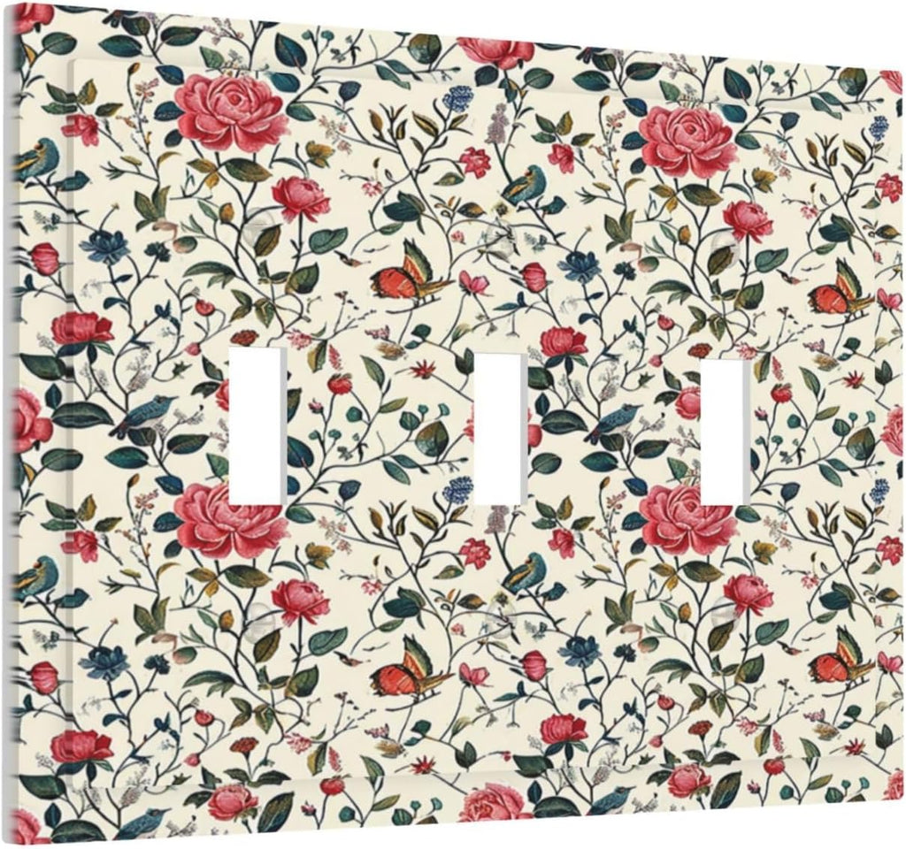Decorative Switch Plates Vintage Flowers Rose Leaf Bird Butterfly 3 Gang Wall Plate Triple Toggle Light Switch Cover Faceplate Electrical Wall Panels for Bedroom living Room Decor