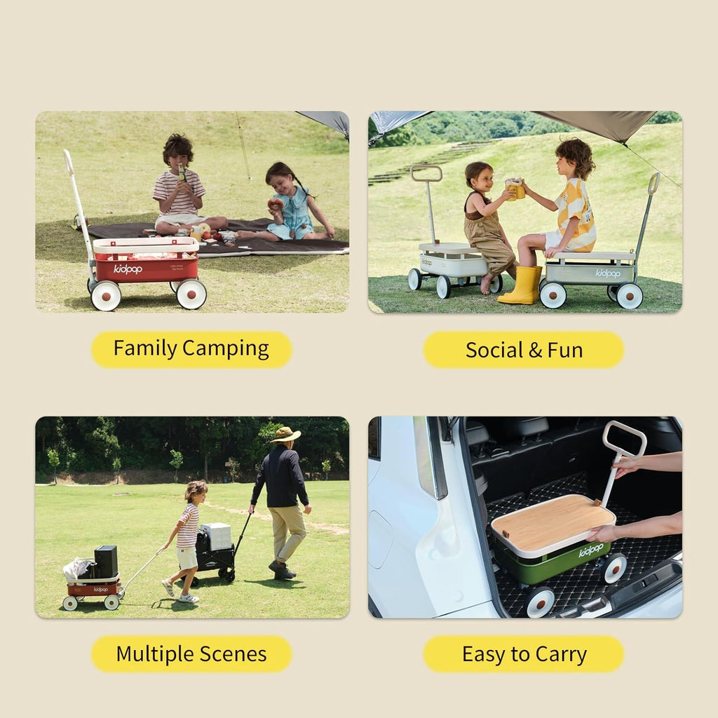 PULA-Wild 3-in-1 Kids' Pull-Along Wagon Toddlers Push Walker for 2.5-8, Removable Wooden Cover and Adjustable Handlebar, Birthday Gifts Max Weight 33 lbs (Green)