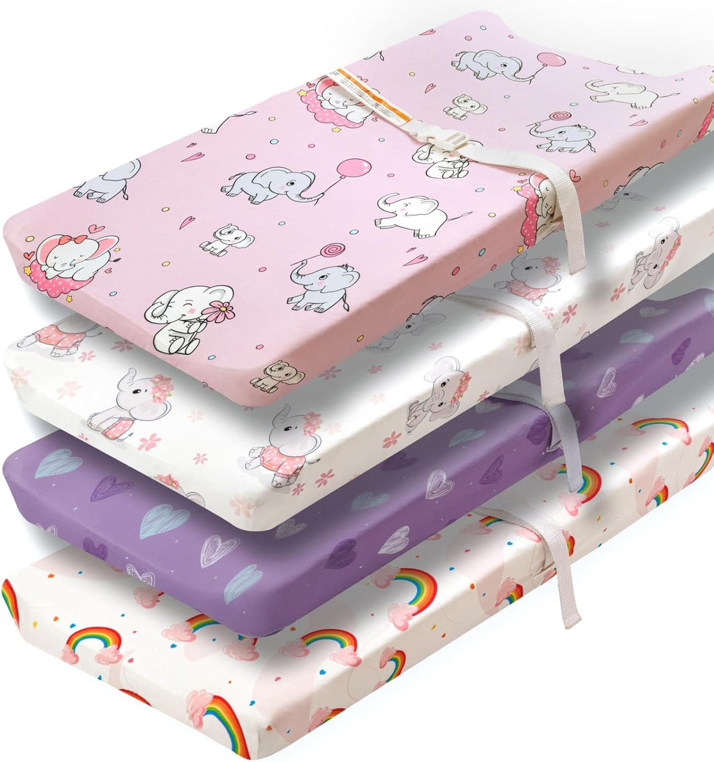 4 Pack Baby Girl Changing Pad Covers Sheets Set Soft Fitted Floral or Elephant Theme Baby Girl Mattress Covers Breathable Toddler Bed Sheets for Infant or Newborn Girls (Elephant, Changing Pad Covers)