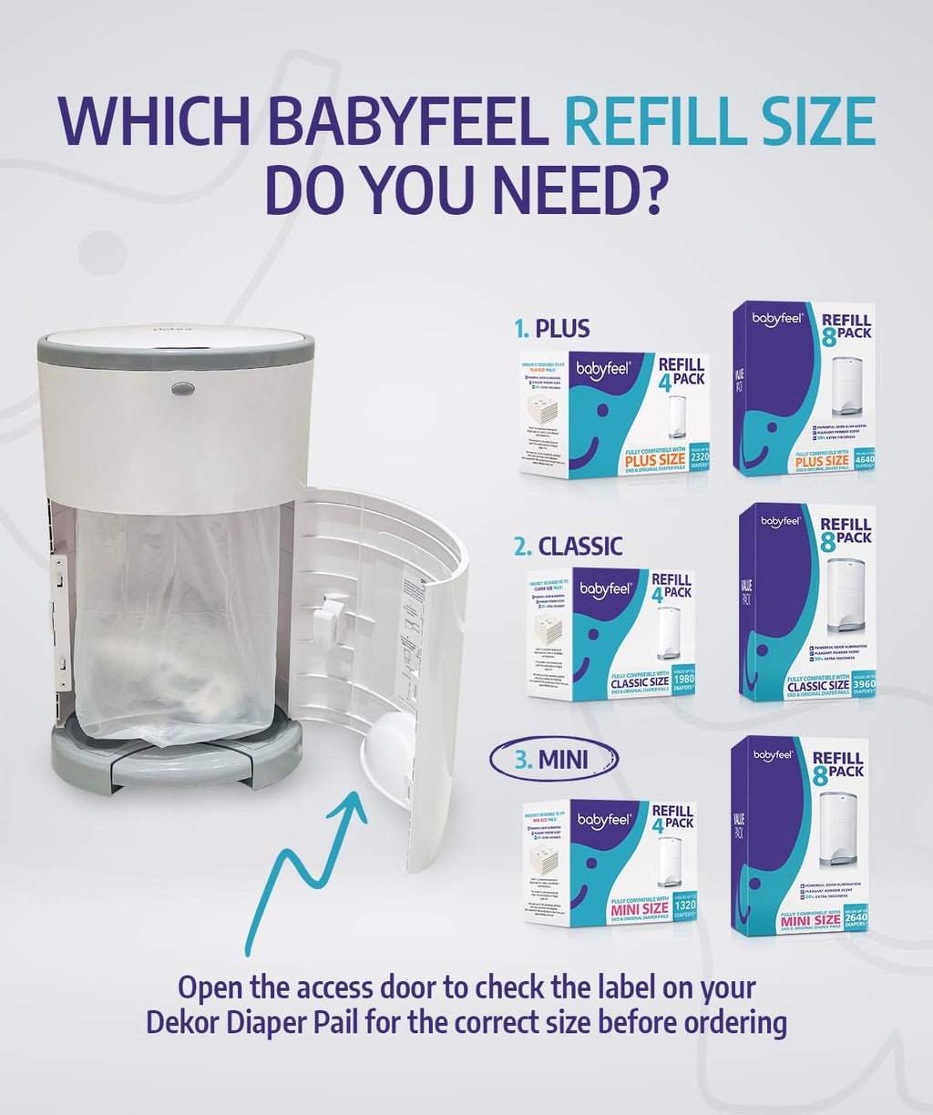 Babyfeel Refills Compatible with DEKOR MINI Diaper Pails | 8 Pack | Exclusive 20% Extra Thickness | Diaper Pail Refills with Powerful Odor Elimination | Powder Scent | Holds up to 2640 Diapers