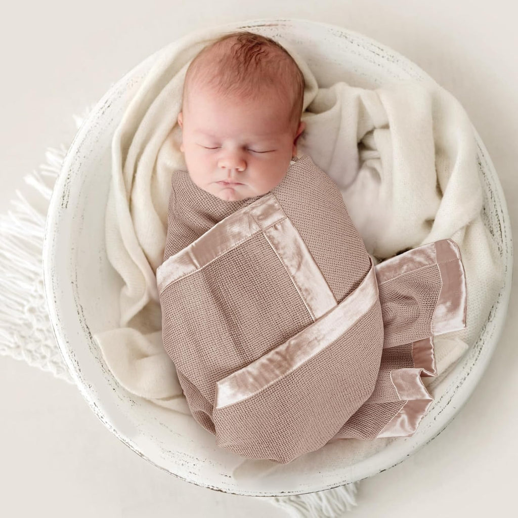 lulumoon Swaddle Baby Blanket: Waffle Blanket with Satin Trim - Breathable Toddler Blankets Perfect for Nursing Cover and Playtime - Cotton Crib Quilt for Daytime Naps 40"x36"(Dusty Rose)