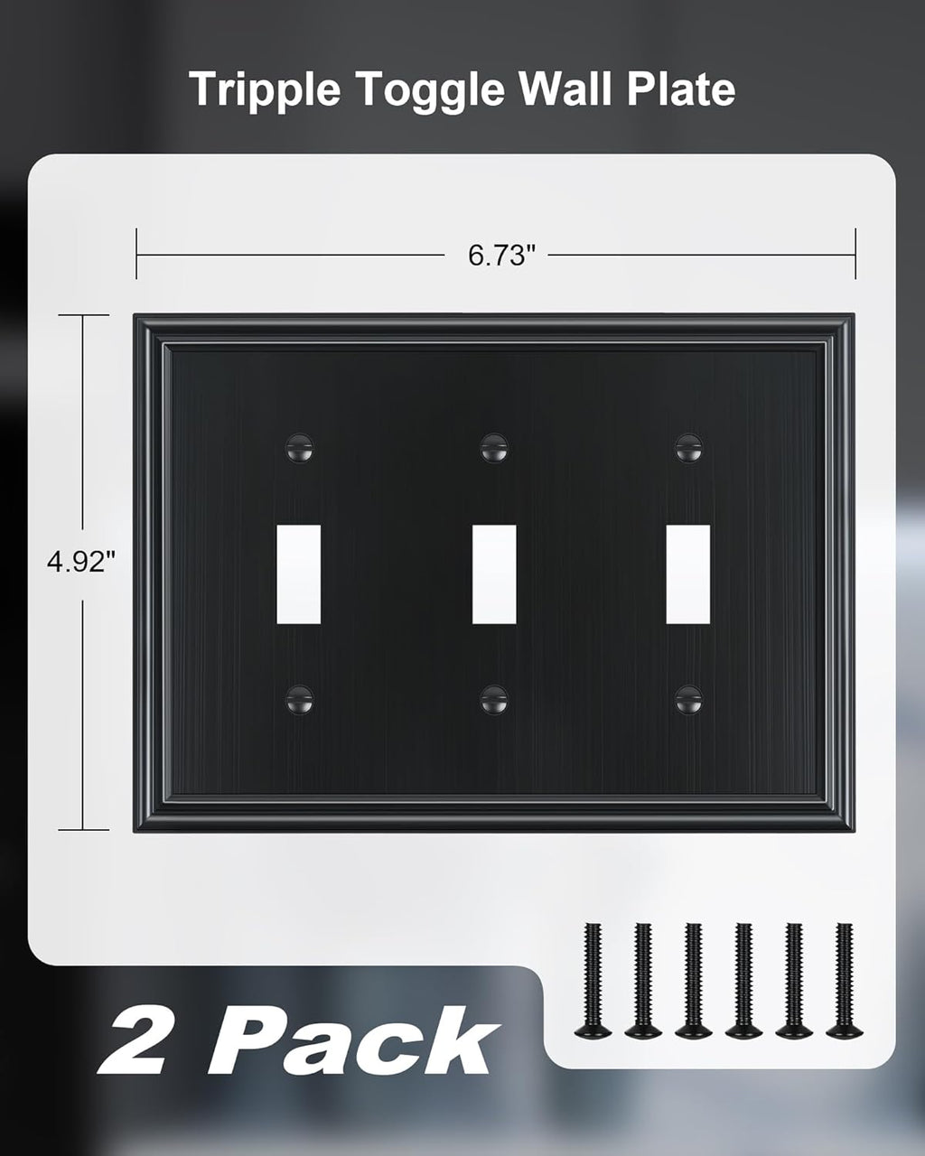 2-Pack Triple Toggle Light Switch Cover Plate, Durable Solid Zinc Alloy Decorative Switch Plate Covers, Black 3 Gang Wall Plate, Corrosion Resistant