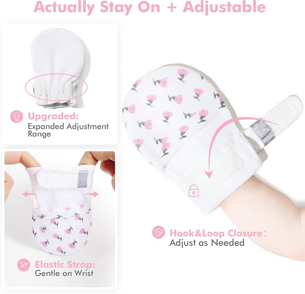 HAPIU Baby No Scratch Mittens Stay On, 100% Cotton Breathable, Adjustable Infant Gloves for Boys Girls, Newborn - 12 M