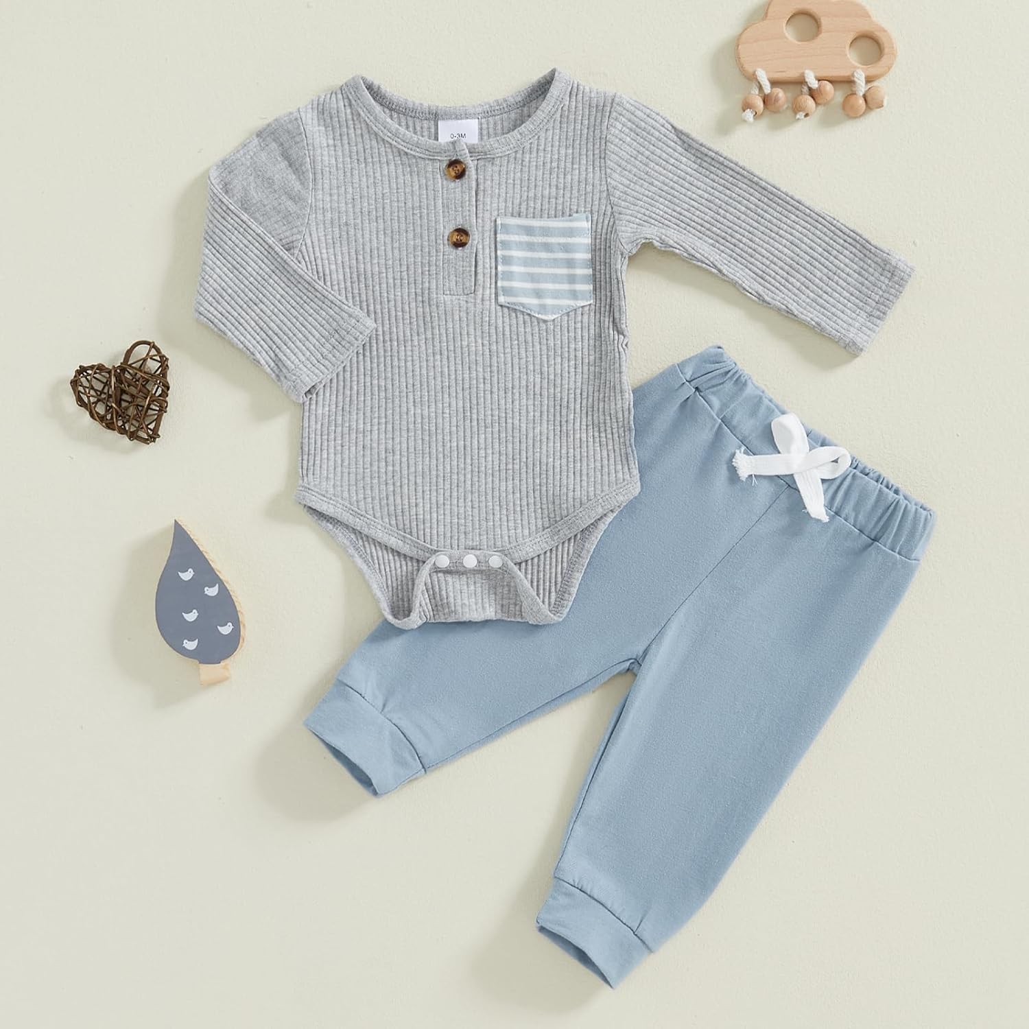fhutpw Baby Boy Clothes 3 6 12 18 Months Ribbed Knitted Long Sleeve Romper and Pants Sets Newborn Fall Splicing Color Outfits