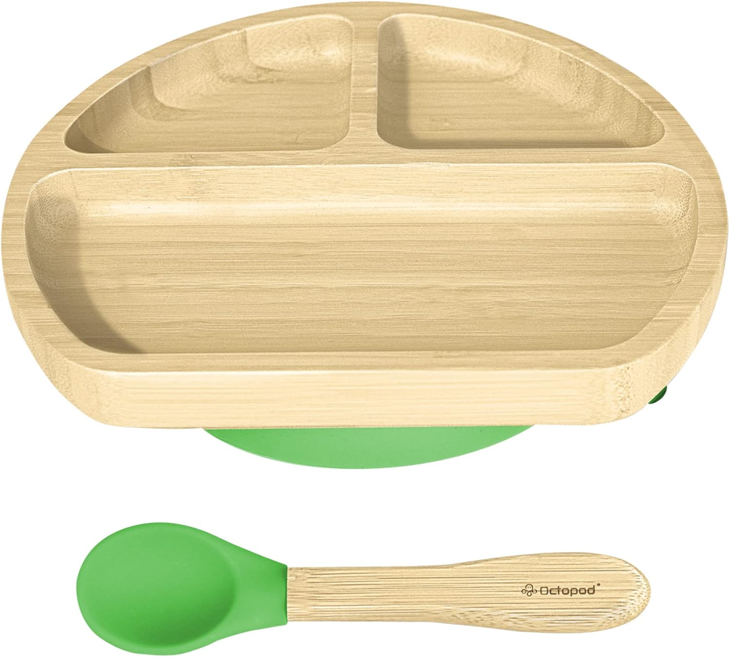 Abiie Octopod Bamboo Dish - Kids Plates for 4 months and up, 3-Compartment Baby Plates with Suction, Triangle Bamboo Baby Plate, Mess-Free Toddler Suction Plates, Baby Feeding Supplies, 8.3x1.9x7.7 in