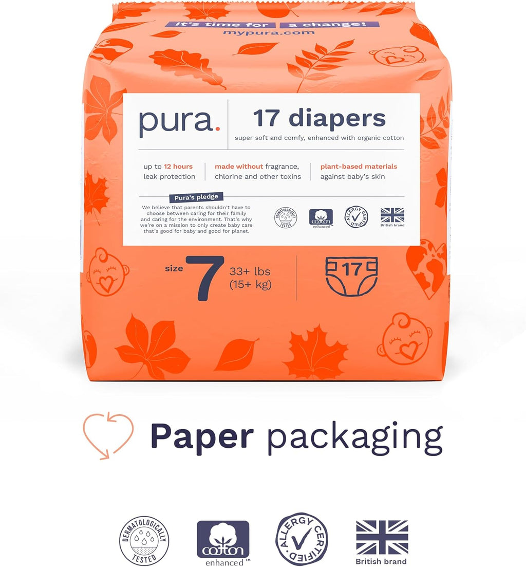 Pura Size 7 Eco-Friendly Diapers (33+lbs) Totally Chlorine Free (TCF) Hypoallergenic, Soft Organic Cotton, Sustainable, up to 12 Hours Leak Protection, Allergy UK, 3 Packs of 17 (51 Diapers)