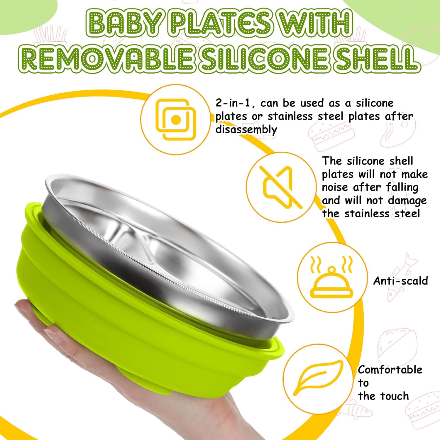 Nuogo 1 Pcs Stainless Steel Baby Suction Plates with Removable Silicone Shell 2-in-1 Metal Toddler Bowl Divided for Picky Eaters Kid Feeding Led Weaning Supply, Dishwasher Safe (Green)