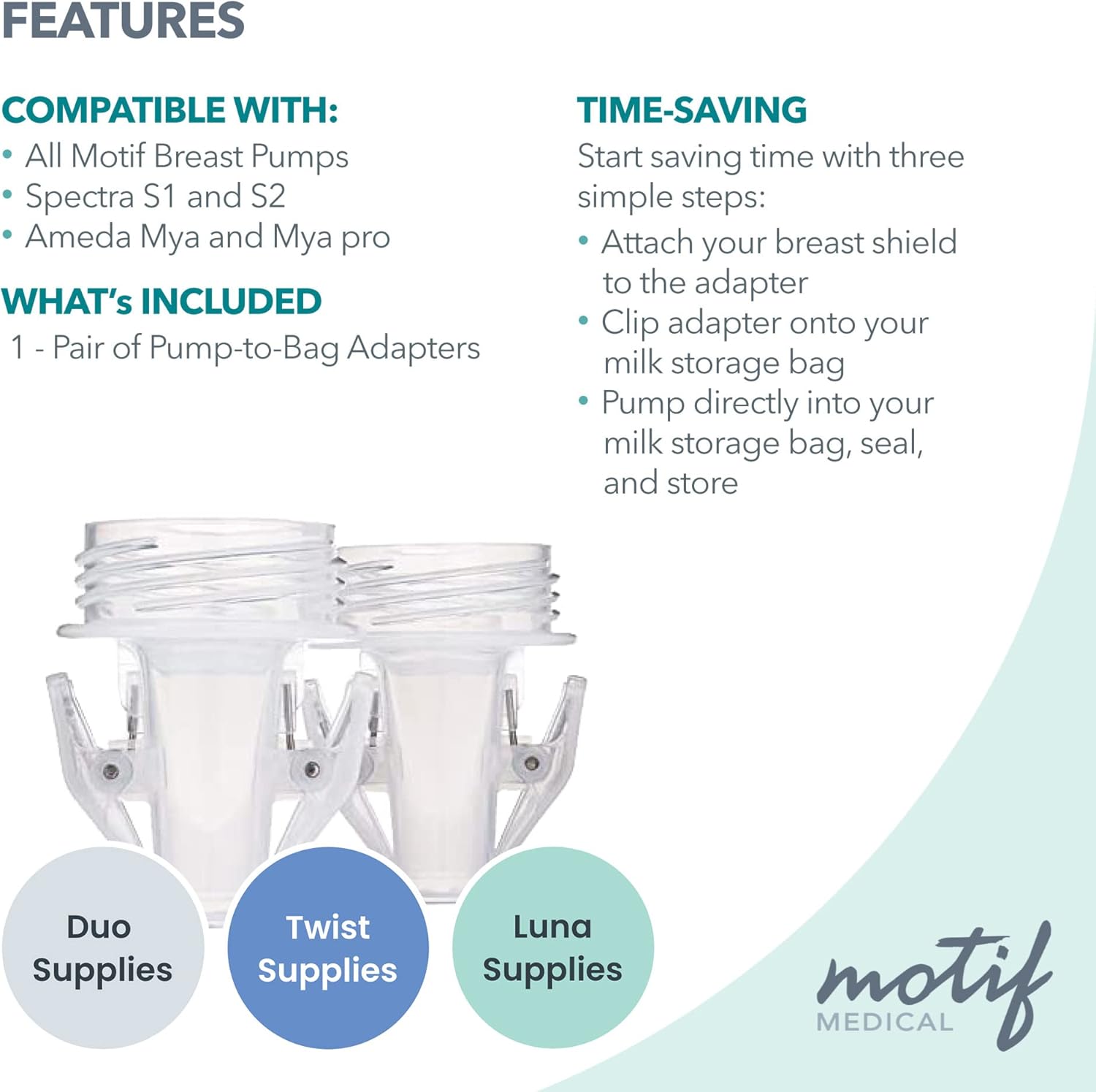 Motif Medical Pump-to-Bag Electric Breast Pump Adapter -Compatible w/Spectra S1 & S2 Breast Pump - Pump Adapter w/Twist Shield Connectors - 3-Step Time-Saving Nursing Pump Adapter (Set of 2)