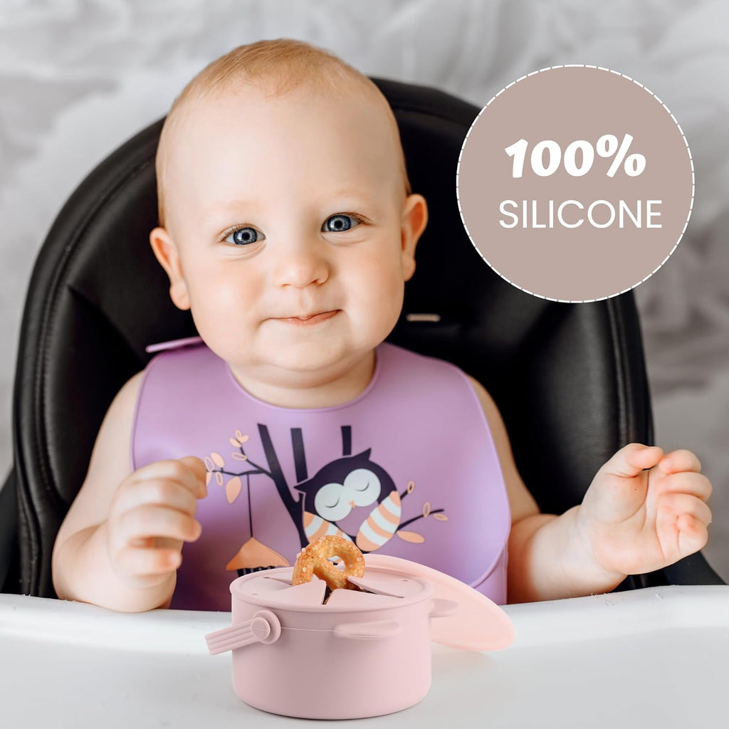 Silicone Snacks Containers for Toddlers, Baby Food Catcher Spill Proof, Kid Snacks Holder with DustProof Lid, 2 Pack Dishwasher Safe (Blush/Mauve)