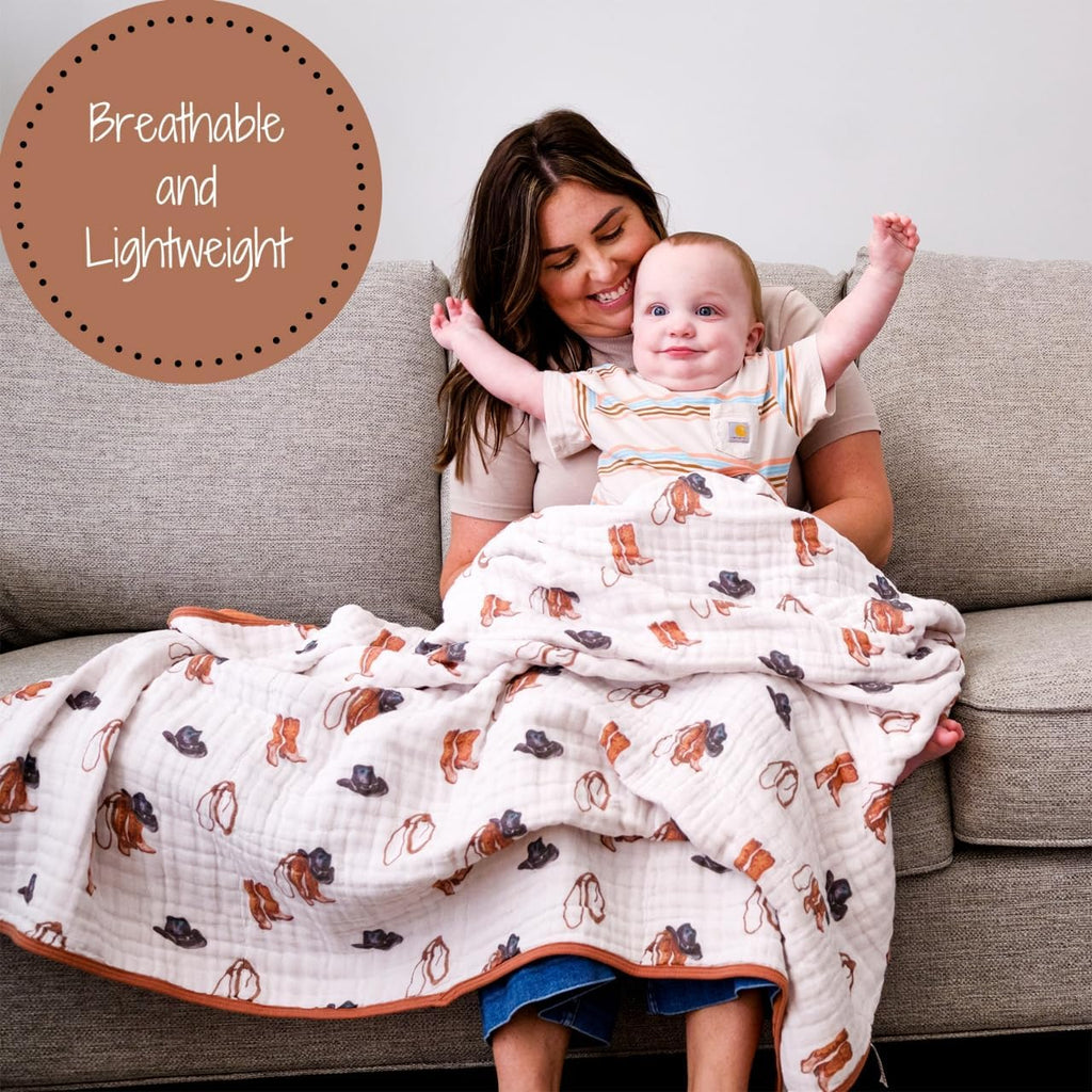 LollyBanks Muslin Baby Blanket 100% Organic Cotton, Muslin Quilt Lightweight, Toddler Blanket for Boys, 6 Layers Baby Blankets 47"x 47", Nursery Receiving Blankets Baby Essentials (Cowboy Print)