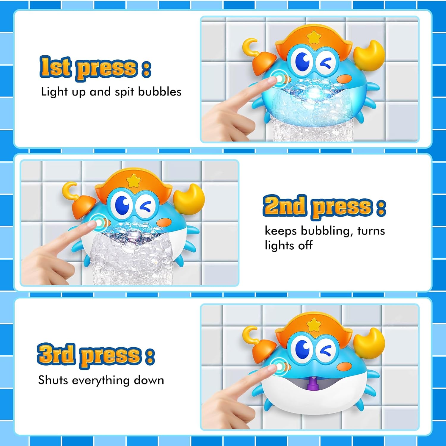 Baby Bath Toys,Light Up Crab Bubble Machine Blower with LED Lights,3 Cute Wind-Up Bath Toys for Kids Ages 1-3 4-8 Toddler Bathub Toy Great Birthday Gifts for Kids