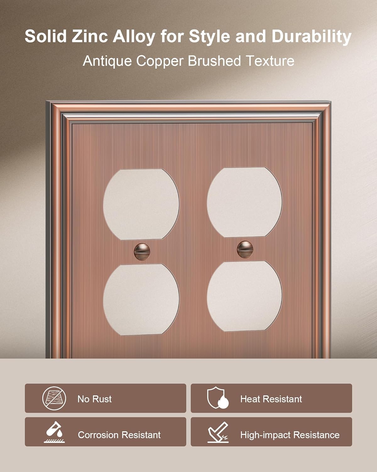 2-Pack Double Duplex Outlet Cover, Antique Copper Switch Plates and Outlet Covers for Electrical Outlets, Durable Zinc Alloy Wall Plates, 2 Gang Receptacle Cover, Corrosion Resistant