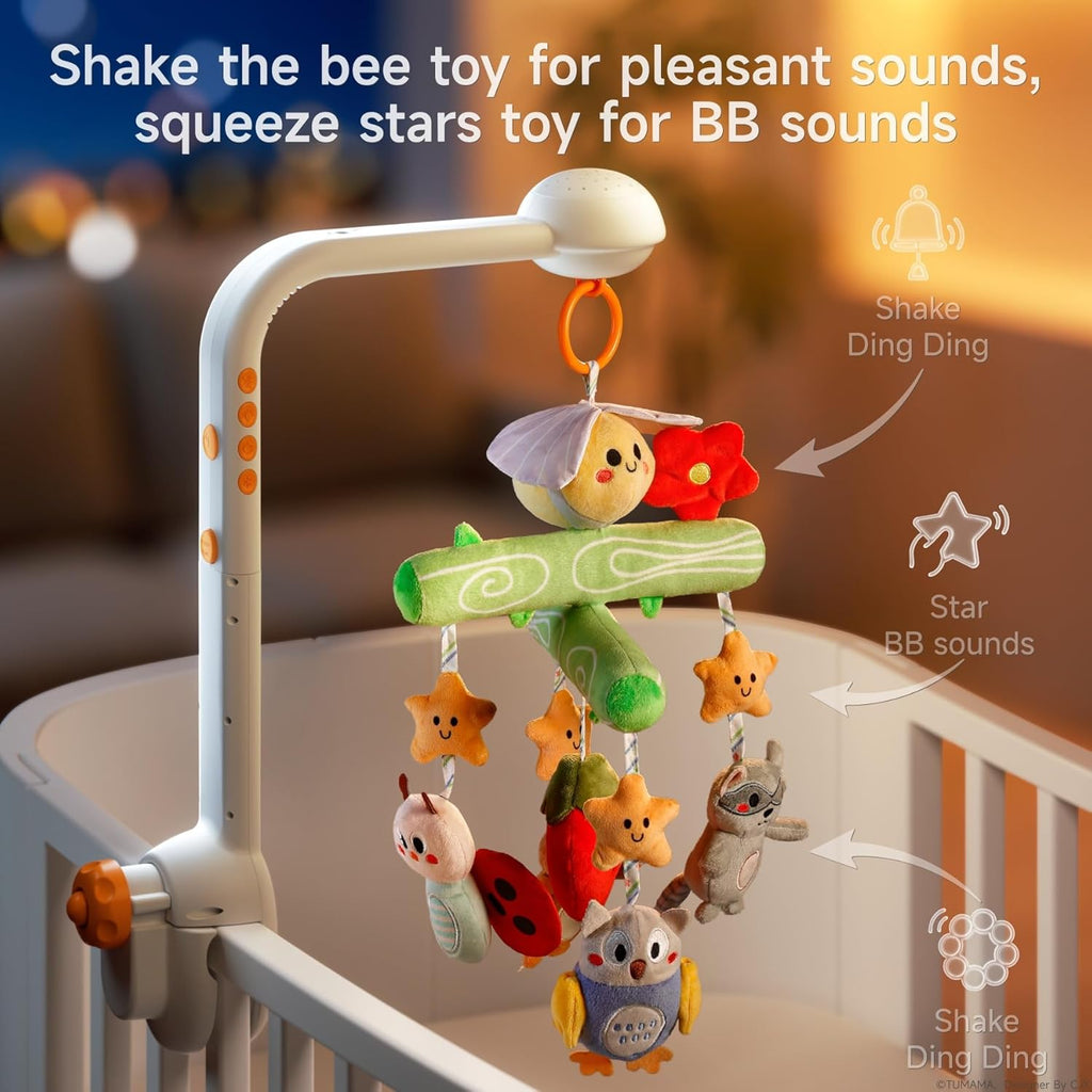 TUMAMA Crib Mobile with Music and Lights, Baby Mobile Cute Bee Crib Toys Hanging, Remote Control Nursery Mobiles for Bassinet, Rotation, Starlight Projection and Lullabies for Babies