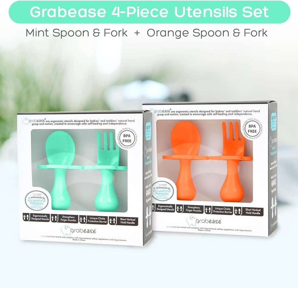 Grabease Baby Spoons and Forks Utensils for Toddlers Infants BPA-Free & Phthalate-Free Baby Silverware, 2 Sets, Mint and Orange - Toddler Spoon