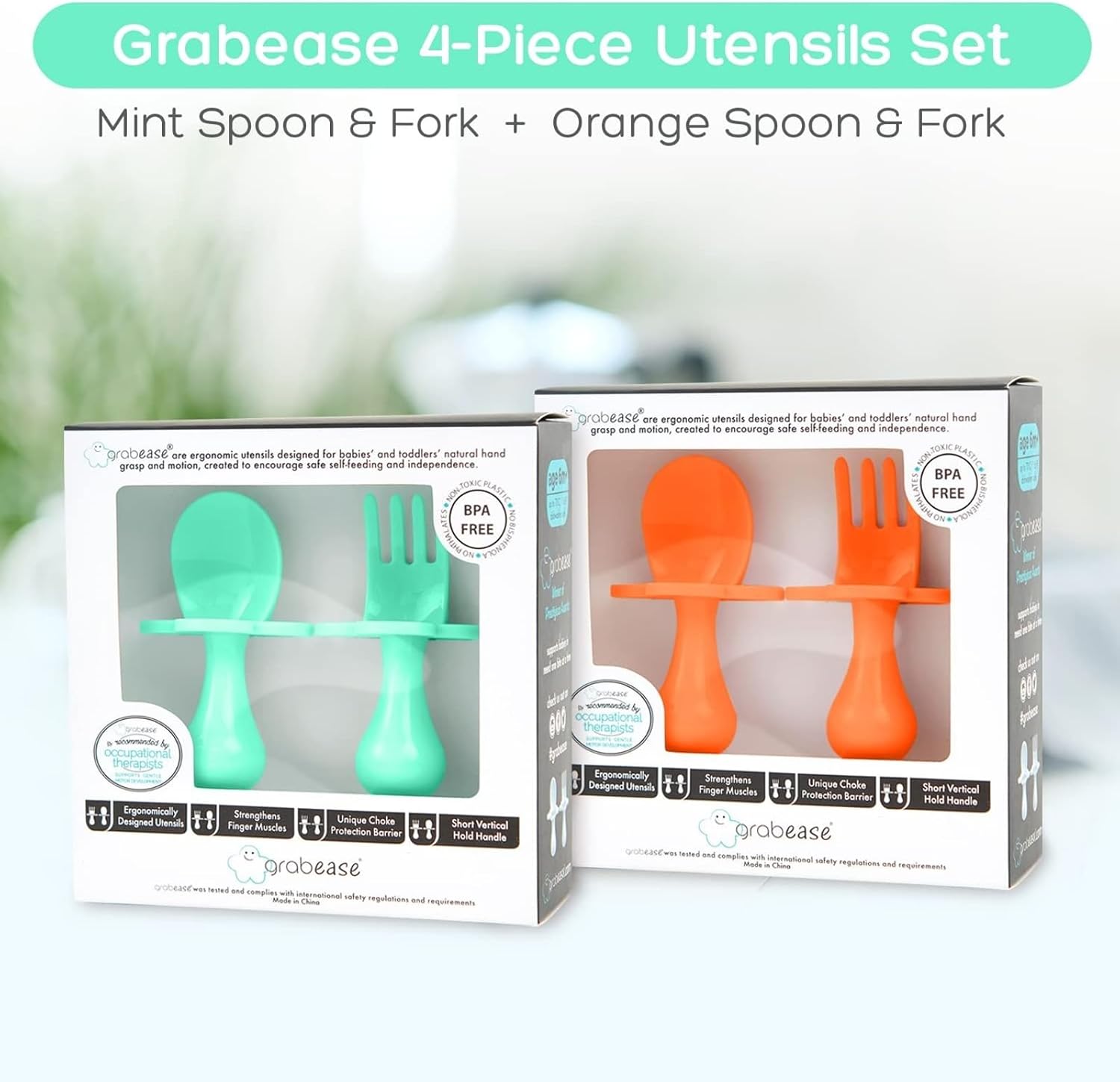 Grabease Baby Spoons and Forks Utensils for Toddlers Infants BPA-Free & Phthalate-Free Baby Silverware, 2 Sets, Mint and Orange - Toddler Spoon