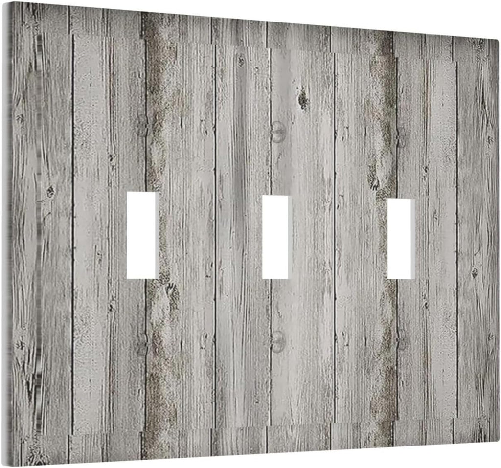 Decorative Switch Plates Farmhouse Rustic Grey Barn Door Wood 3 Gang Wall Plate Triple Toggle Light Switch Cover Faceplate Electrical Wall Panels for Bedroom Cabin Decor